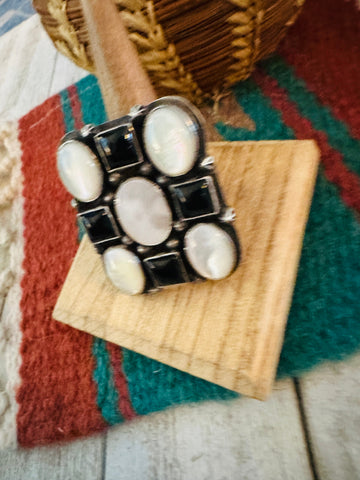 Navajo Sterling Silver, Onyx & Mother of Pearl Cluster Adjustable Ring by Charles Johnson
