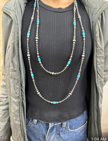 Elegant 72-Inch Sterling Silver Turquoise & Pearl Necklace - Cassidy