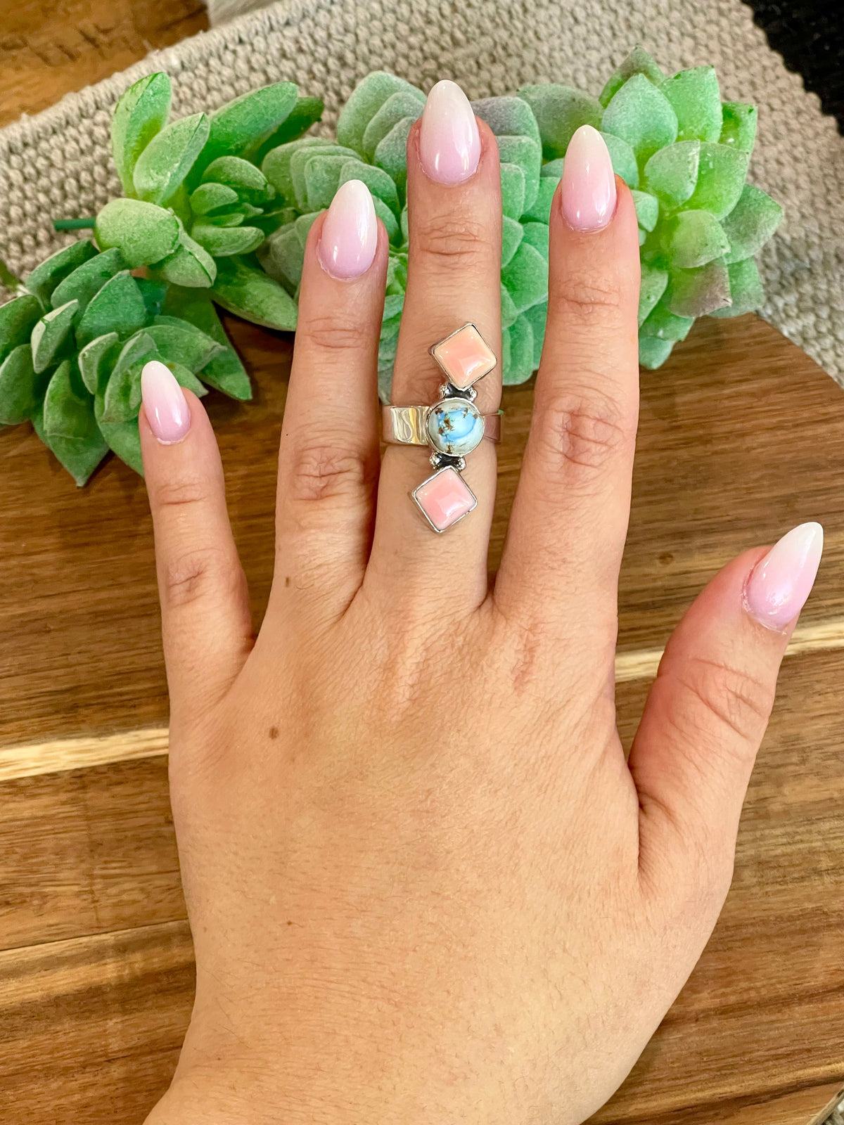 Beautiful Handmade Golden Hills Turquoise, Pink Conch And Sterling Silver Adjustable Ring