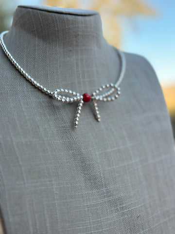 Stylish Sterling Silver Coral & Christmas Pearl Bow Tie Necklace