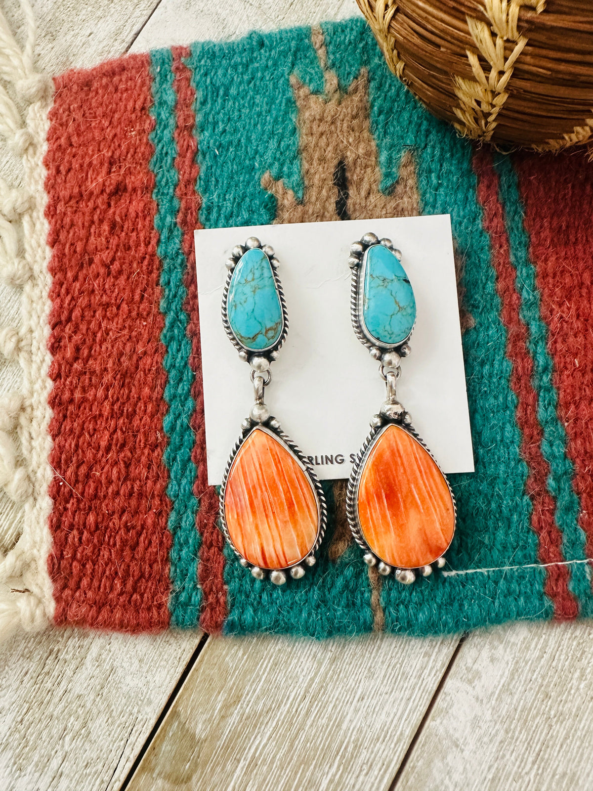Navajo Orange Spiny, Turquoise and Sterling Silver Dangle Earrings