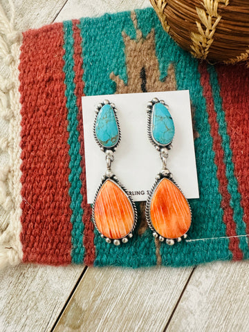 Navajo Orange Spiny, Turquoise and Sterling Silver Dangle Earrings