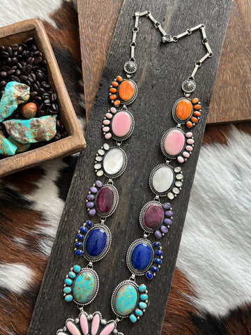 Tequila Sunrise Navajo Sterling Silver and Multi Stone Necklace by Hemerson Brown