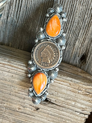 Apache Sterling Silver, Spiny Oyster and Indian Head Penny Rings by Rosella Paxson