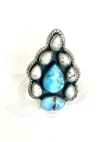 Beautiful Handmade Golden Hills Turquoise, White Buffalo And Sterling Silver Adjustable Ring