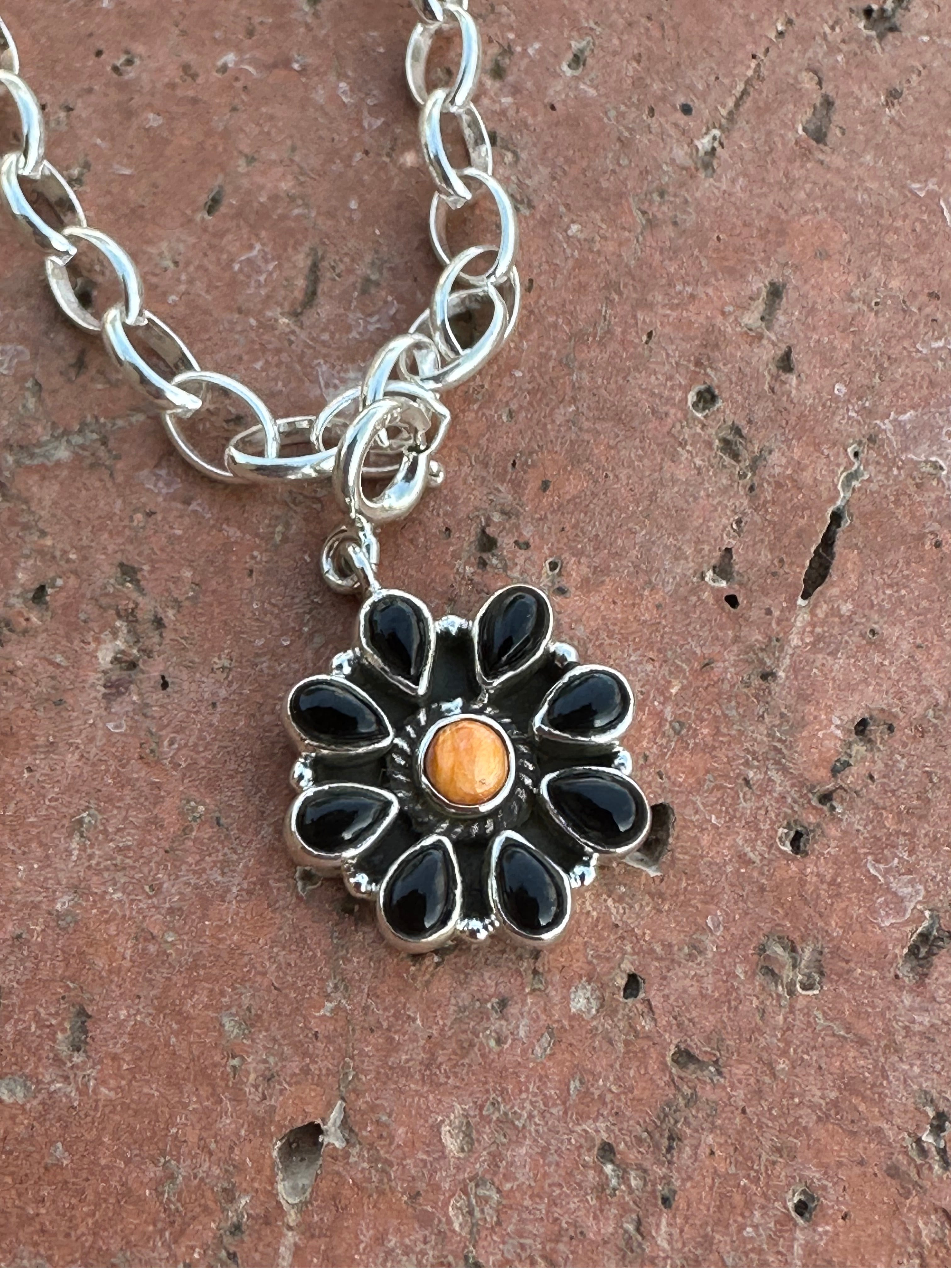 Halloween Collection Sterling Silver, Onyx & Spice Flower Charm