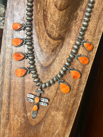 Navajo Sterling Silver And Orange Spiny Oyster Shell Dragonfly Bead Necklace by Selena Warner