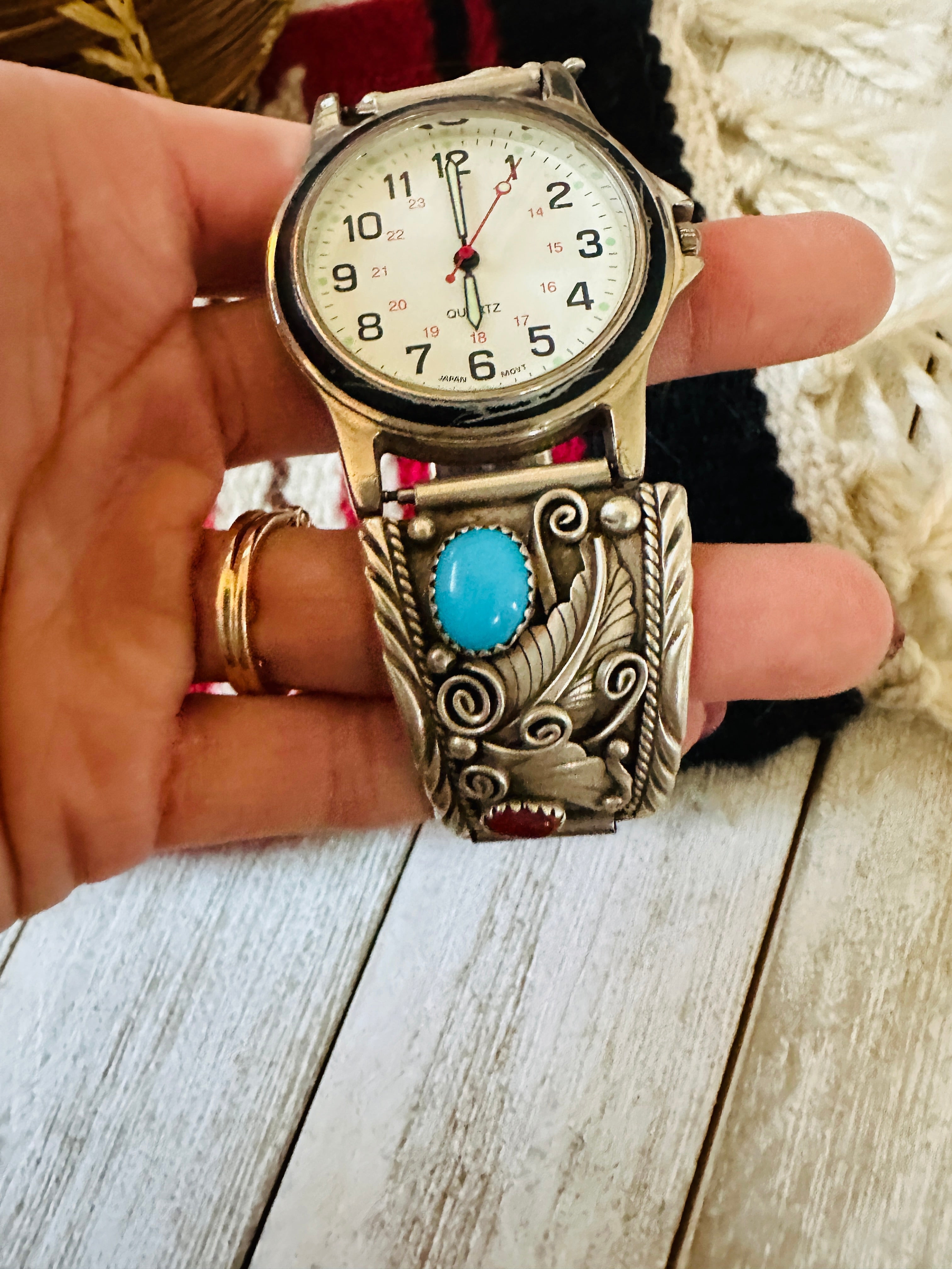 Old Pawn Vintage Navajo Turquoise, Coral & Sterling Silver Watch
