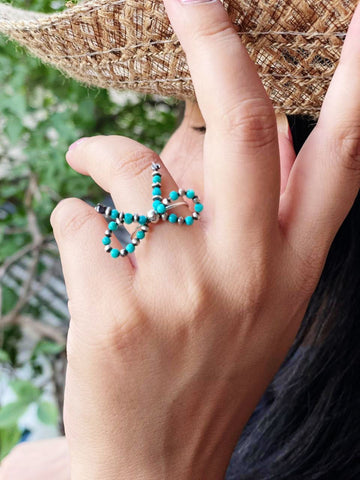 Handmade Turquoise Bow Tie Ring | Sterling Silver Navajo Pearl Style