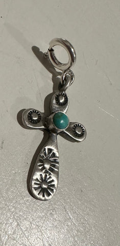 Sterling Silver and  Petit Point Turquoise Hand Stamped Cross Charm