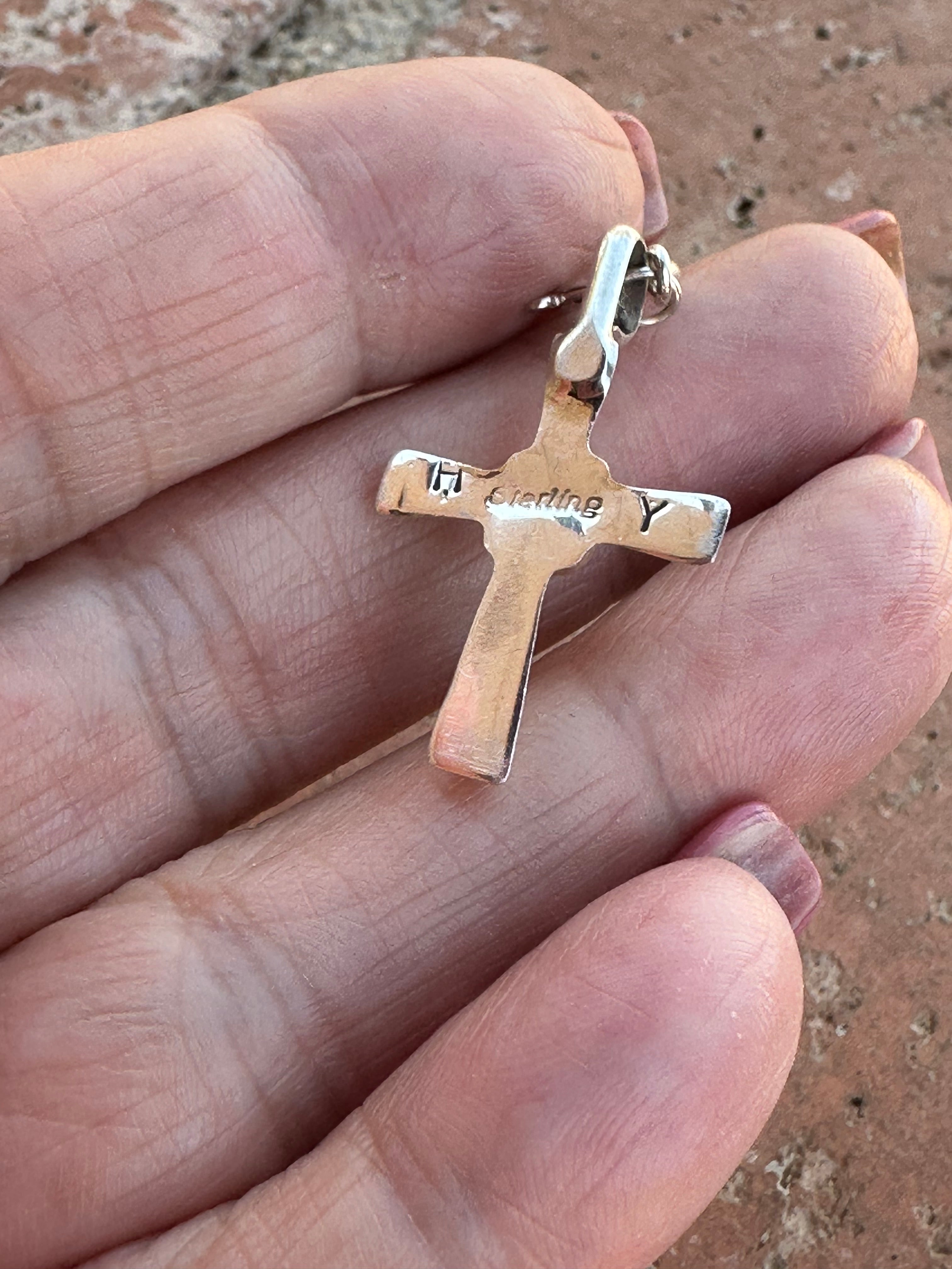 Navajo Crafted Sterling Silver and Turquoise Hand Stamped Cross Charm