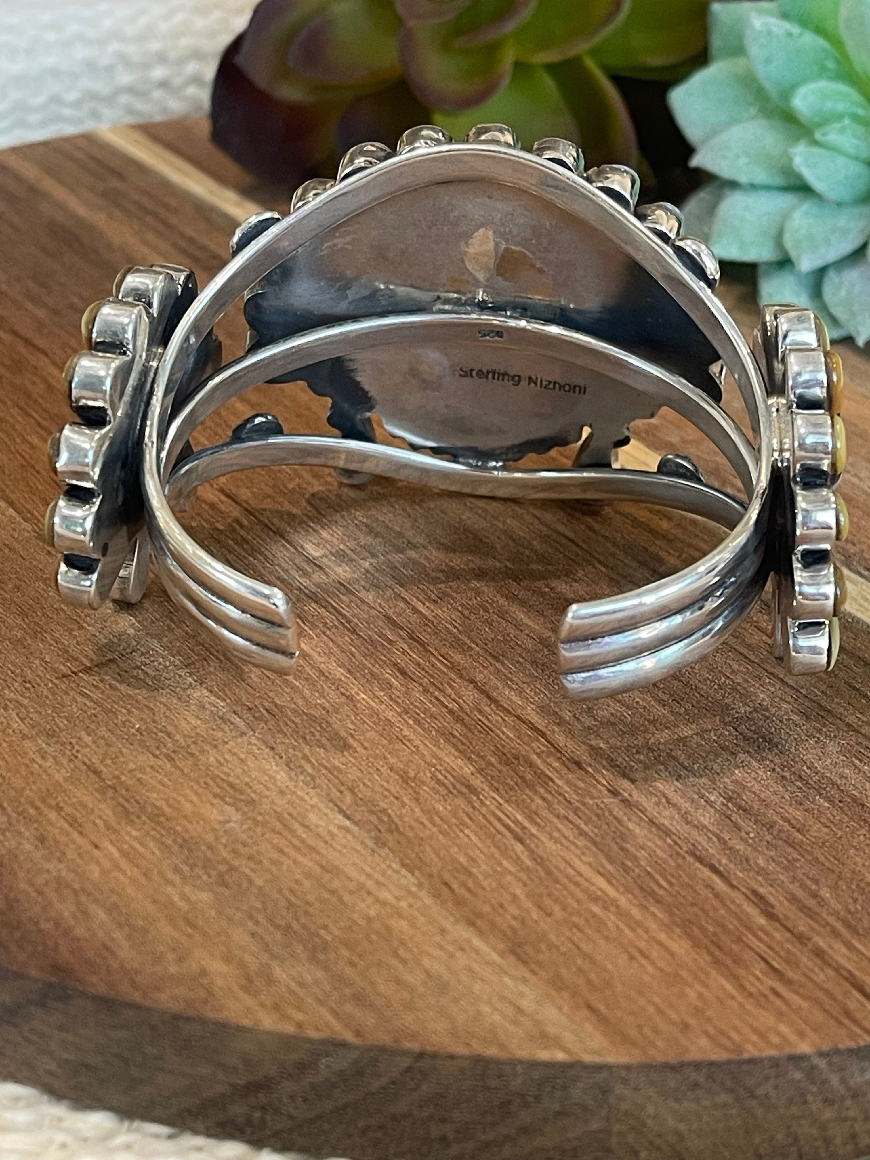 Handmade Sterling Silver & Multistone Sun Face Adjustable  Cuff Bracelet