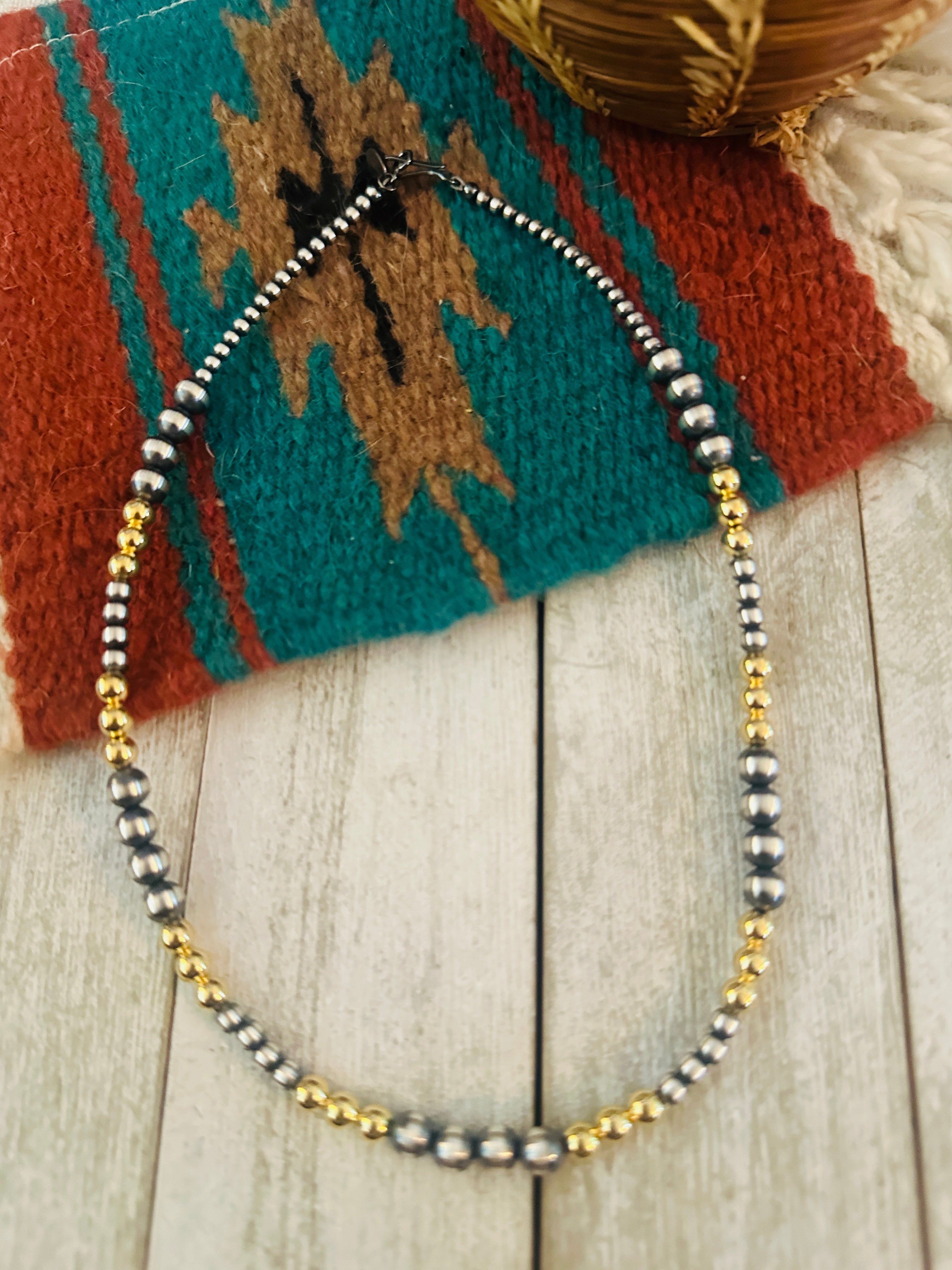 Navajo Sterling Silver & Gold Beaded 16” Necklace - Everest Ranch