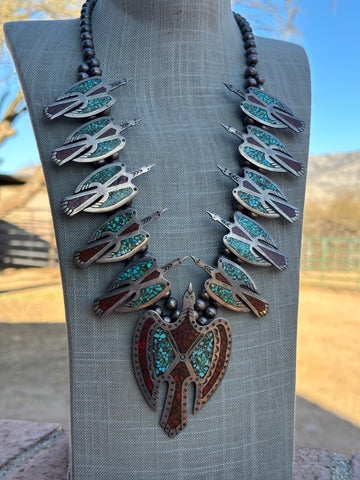 Estate Collection Old Pawn Navajo Turquoise & Coral Sterling Silver Chip Inlay Thunderbird Squash Blossom Necklace