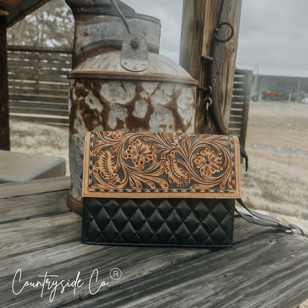 Wyoming Quilted Leather Purse  With Tooled Leather