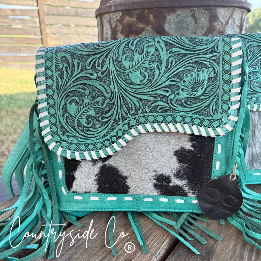 Turquoise Tooled Leather and Cowhide Purse