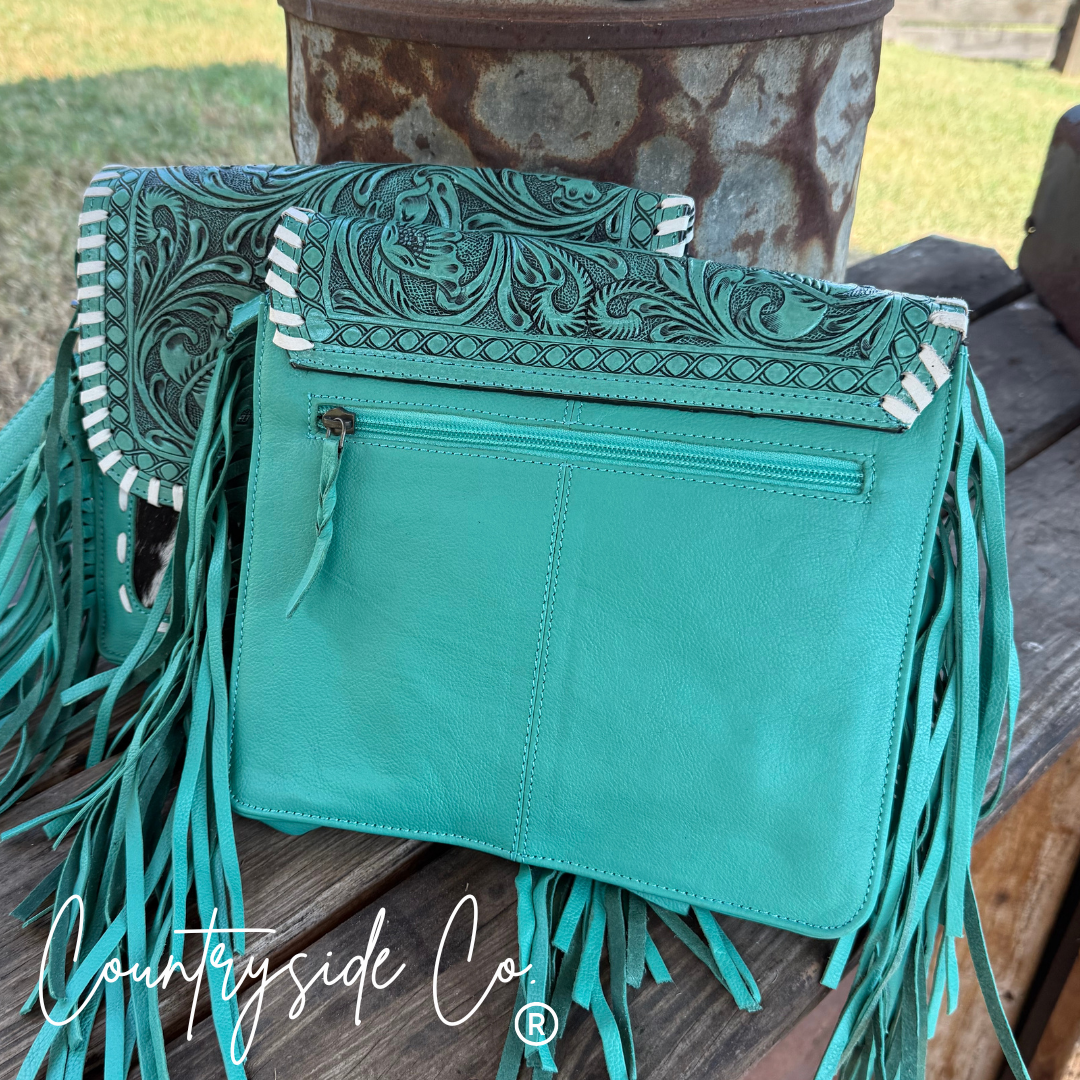 Turquoise Tooled Leather and Cowhide Purse