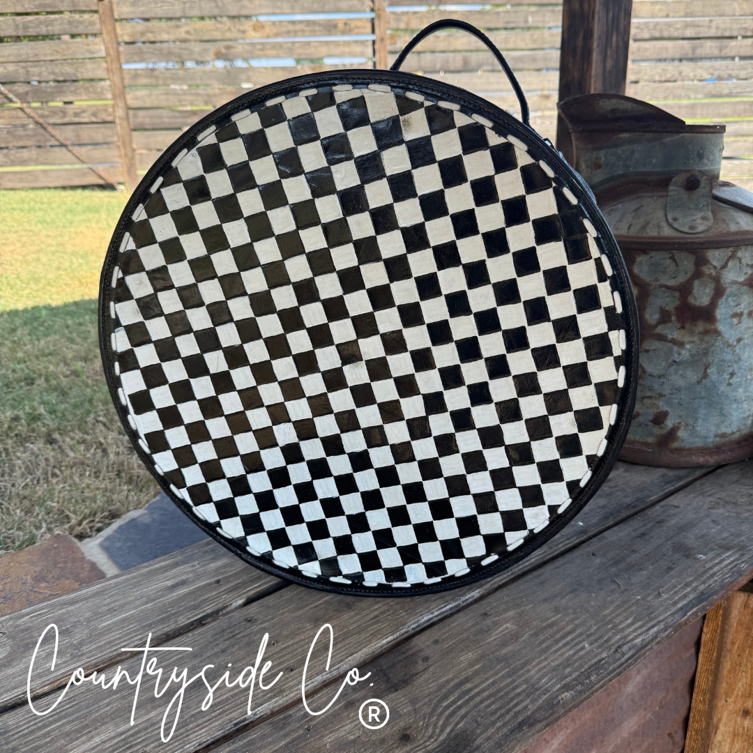 Checkered Tooled Leather Hat Box
