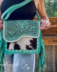 Turquoise Tooled Leather and Cowhide Purse