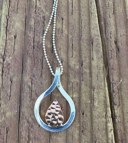 HAMMERED COPPER TEARDROP IN SILVER FRAME PENDANT