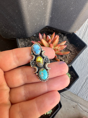 Beautiful Handmade Golden Hills Turquoise, Palomino Turquoise, Sonoran Mountain Turquoise And Sterling Silver Adjustable Ring