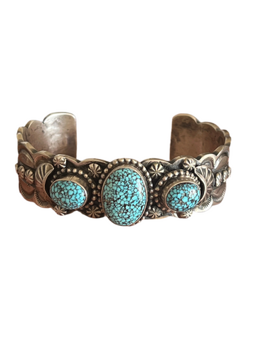 Navajo Sterling Silver and Spiderweb Kingman Turquoise Cuff Bracelet by Gilbert Tom