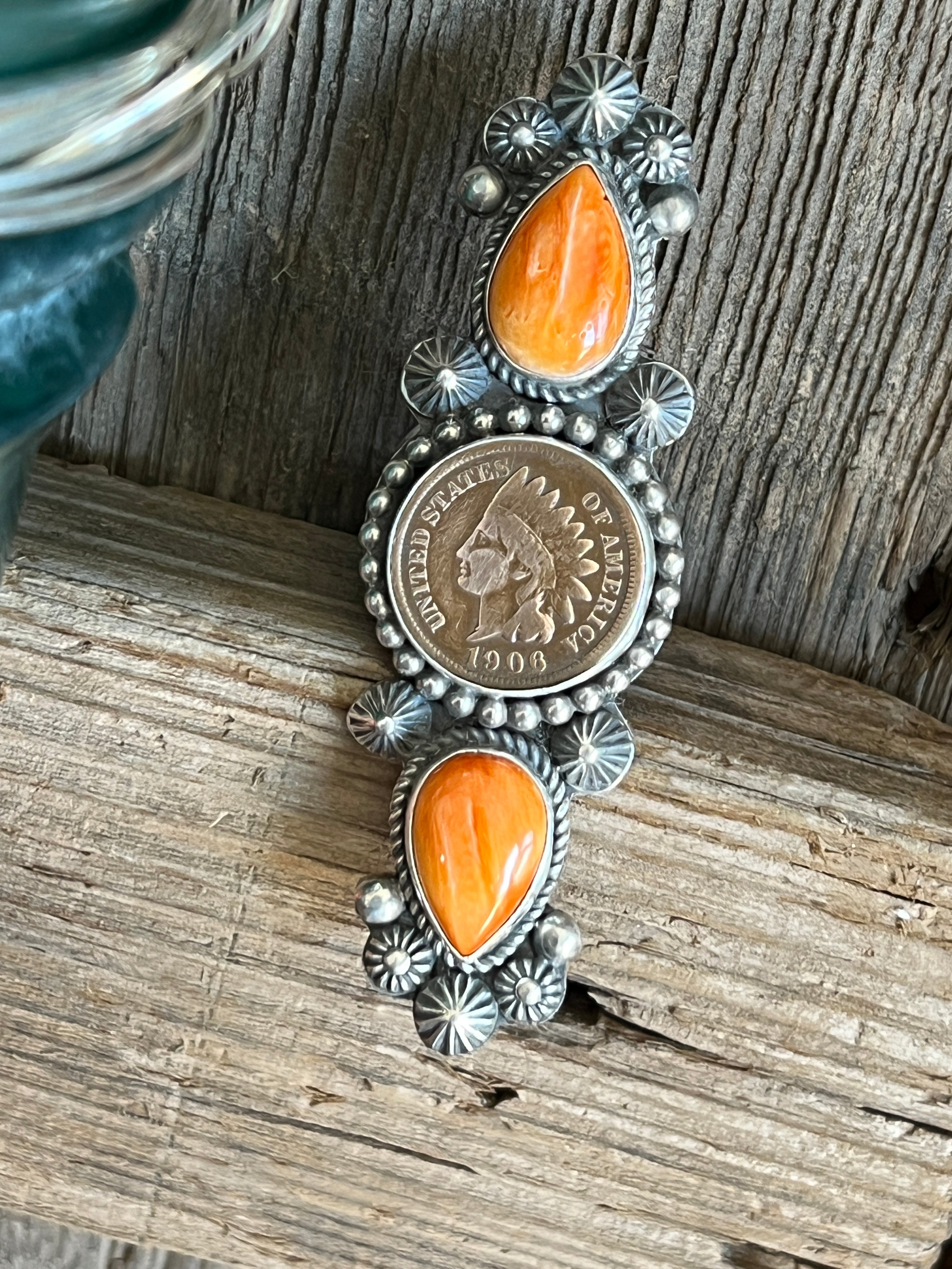 Apache Sterling Silver, Spiny Oyster and Indian Head Penny Rings by Rosella Paxson