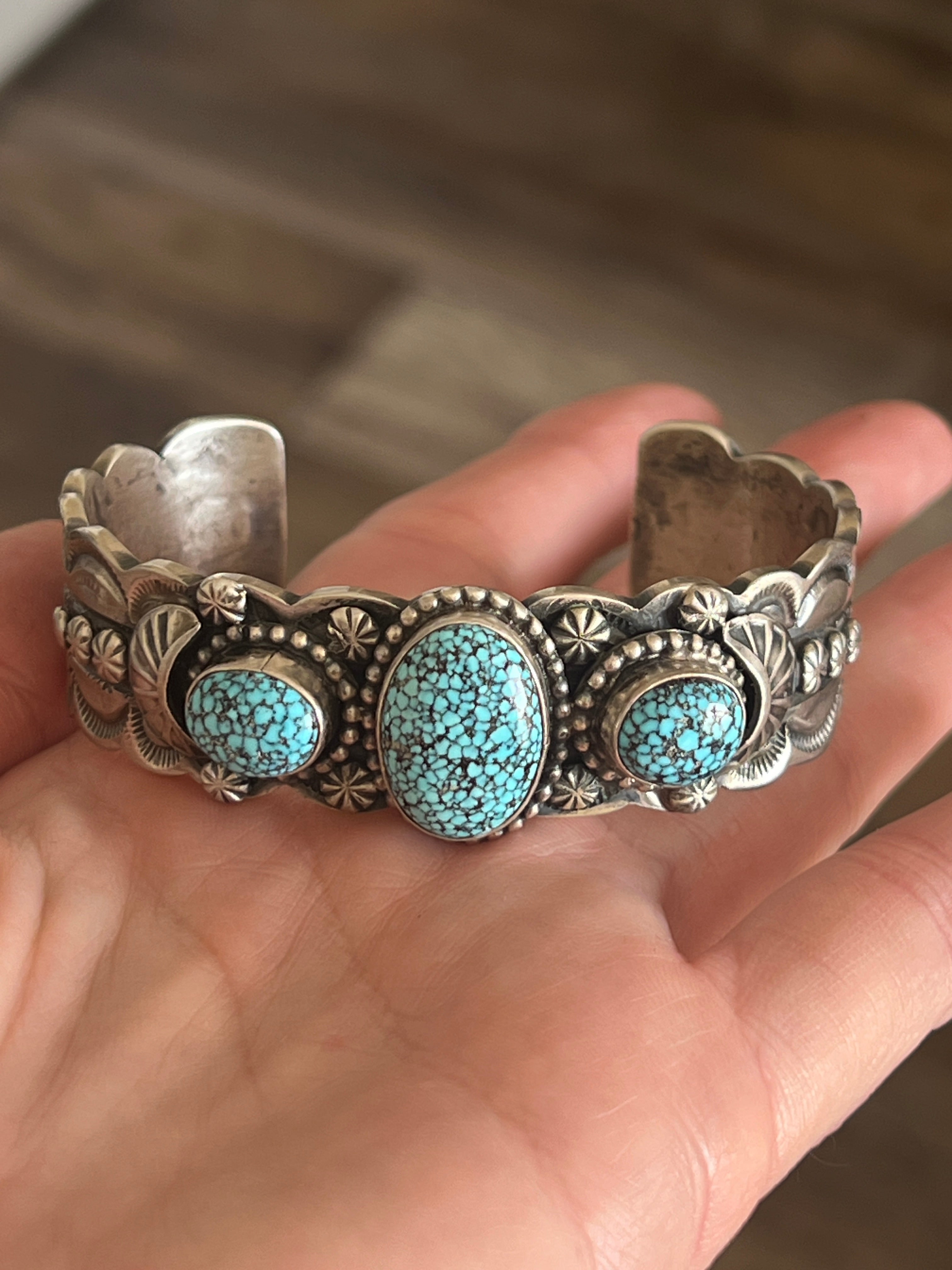Navajo Sterling Silver and Spiderweb Kingman Turquoise Cuff Bracelet by Gilbert Tom