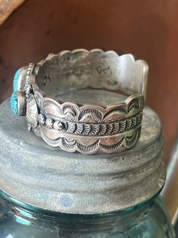 Navajo Sterling Silver and Spiderweb Kingman Turquoise Cuff Bracelet by Gilbert Tom