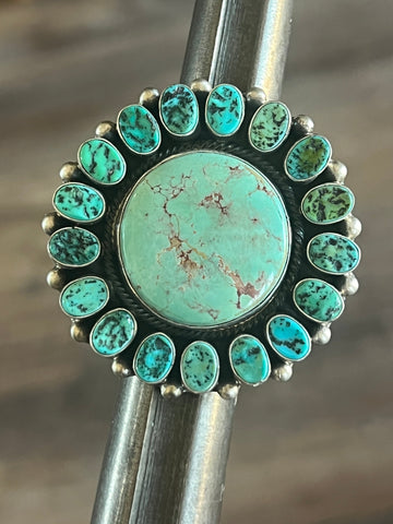 Navajo Sterling Silver Around The World Kingman Cluster Ring by B Yellowhorse, Size 7.5