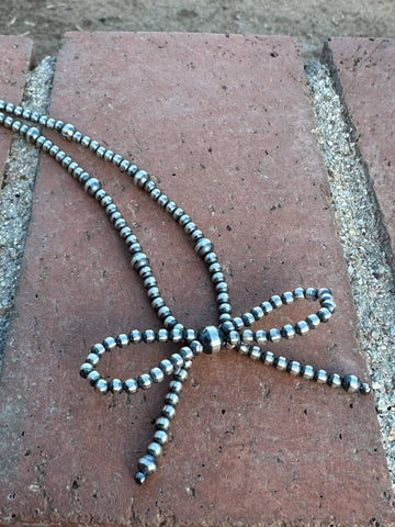 Navajo Made 4-8mm Sterling Silver Pearl Beaded Bow Tie  Necklace 16 inches long