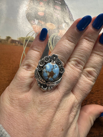 Handmade Golden Hills Turquoise & Sterling Silver Adjustable OVAL Ring