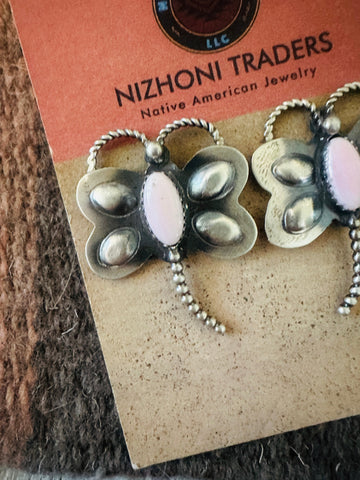 Navajo Queen Pink Conch & Sterling Silver Dragonfly Post Earrings