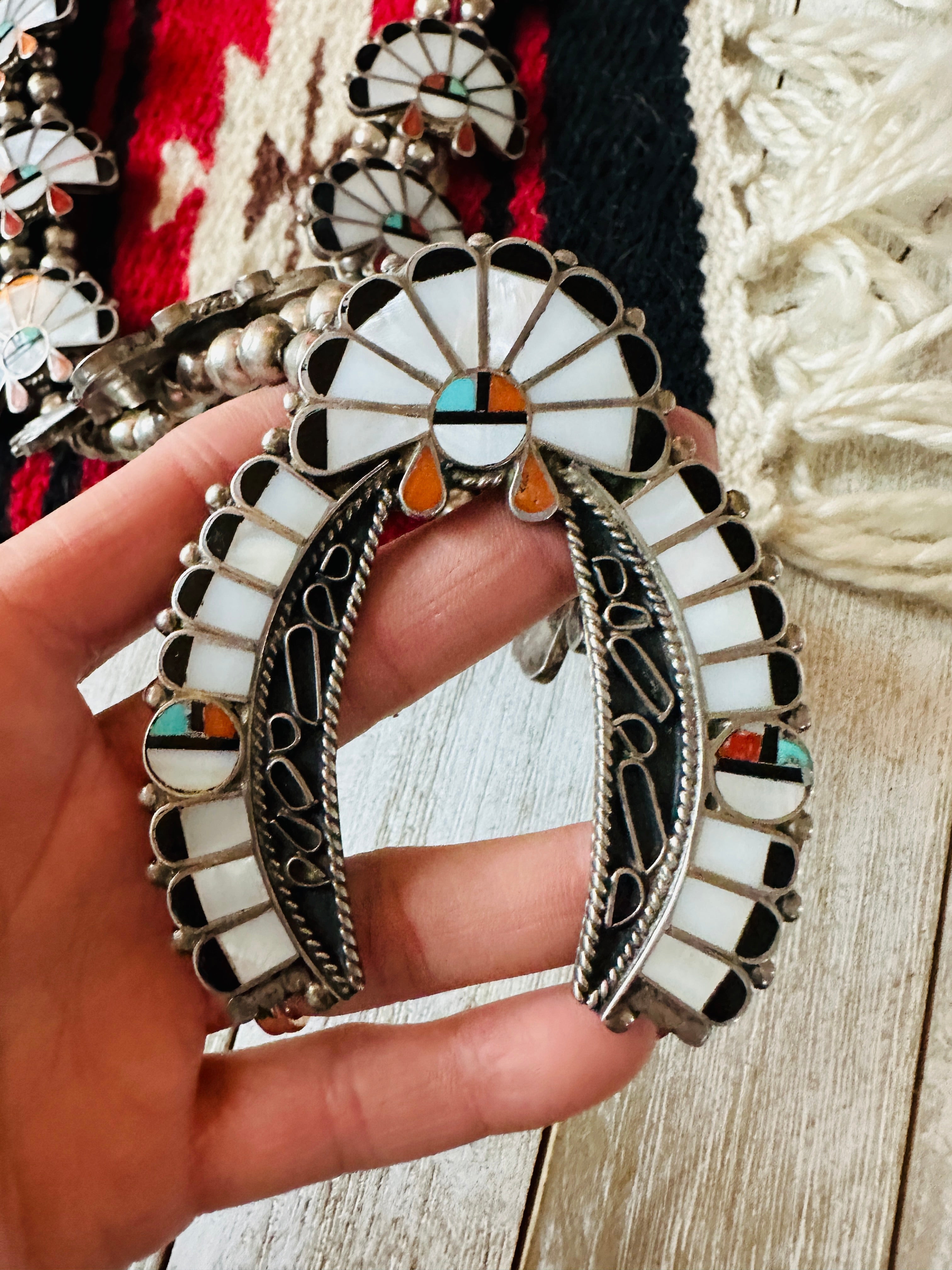 Vintage Zuni Multi-Stone Squash Blossom Necklace | Sterling Silver