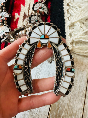 Vintage Zuni Multi-Stone Squash Blossom Necklace | Sterling Silver