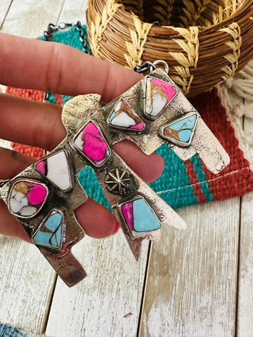Zuni Sterling Silver & Cotton Candy Thunderbird Necklace by Jude Candelaria