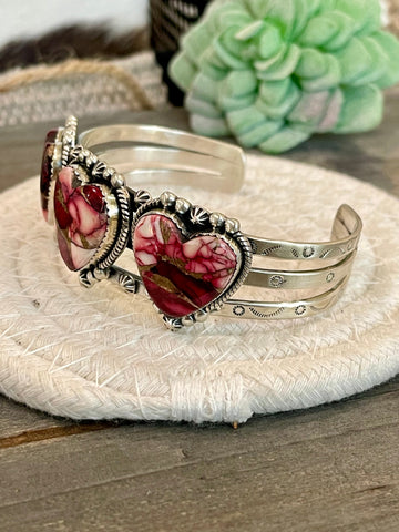 Handmade Sterling Silver & Dahlia Rose Heart Cuff Bracelet