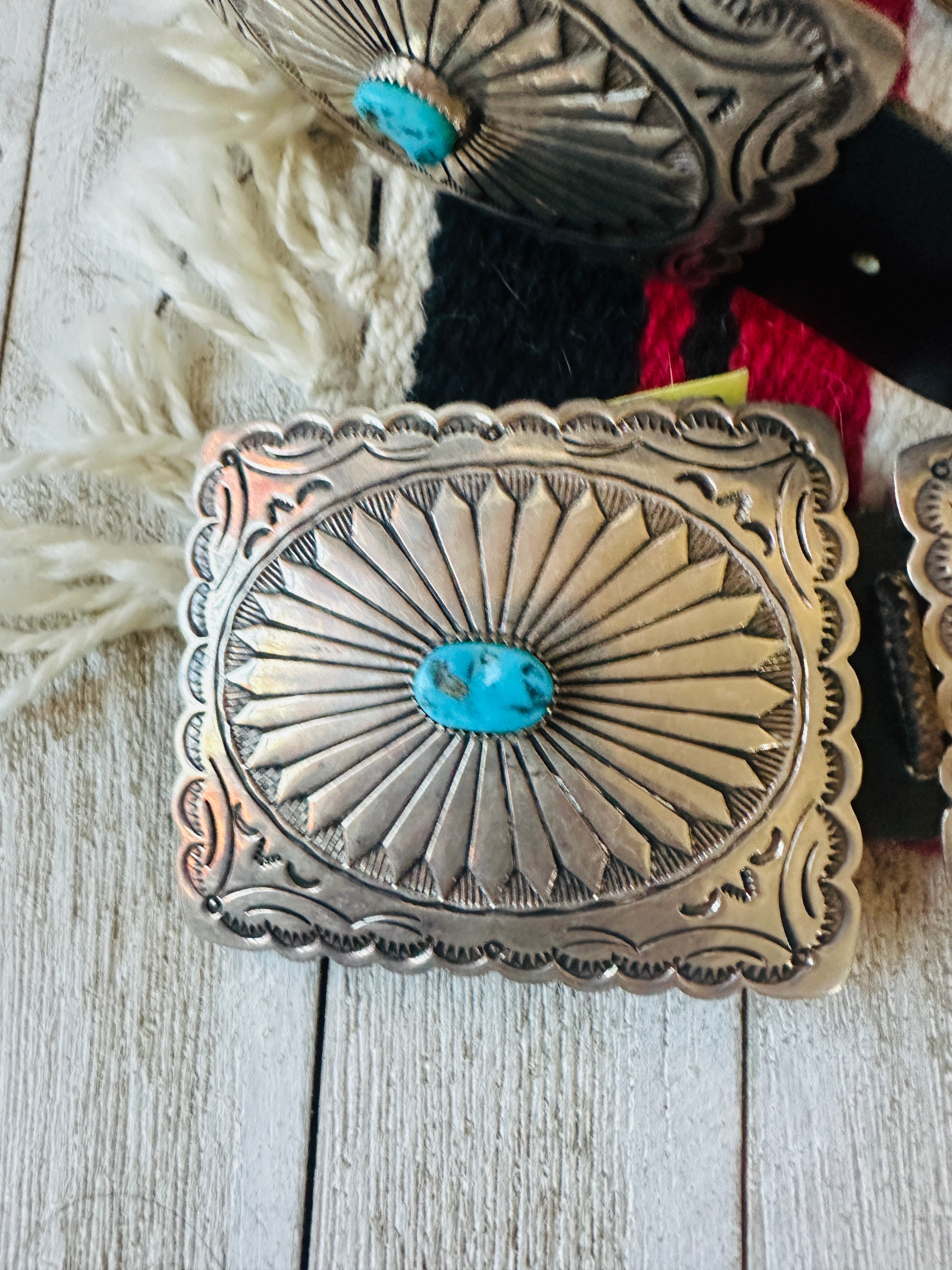 Vintage Navajo Black Leather And Sterling Silver Turquoise Concho Belt