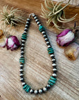 NFR Collection Necklace – 12mm Sterling Silver Pearls with 16mm Green Turquoise Rondelle – Handmade by The Bijoux FAB – 21.5"