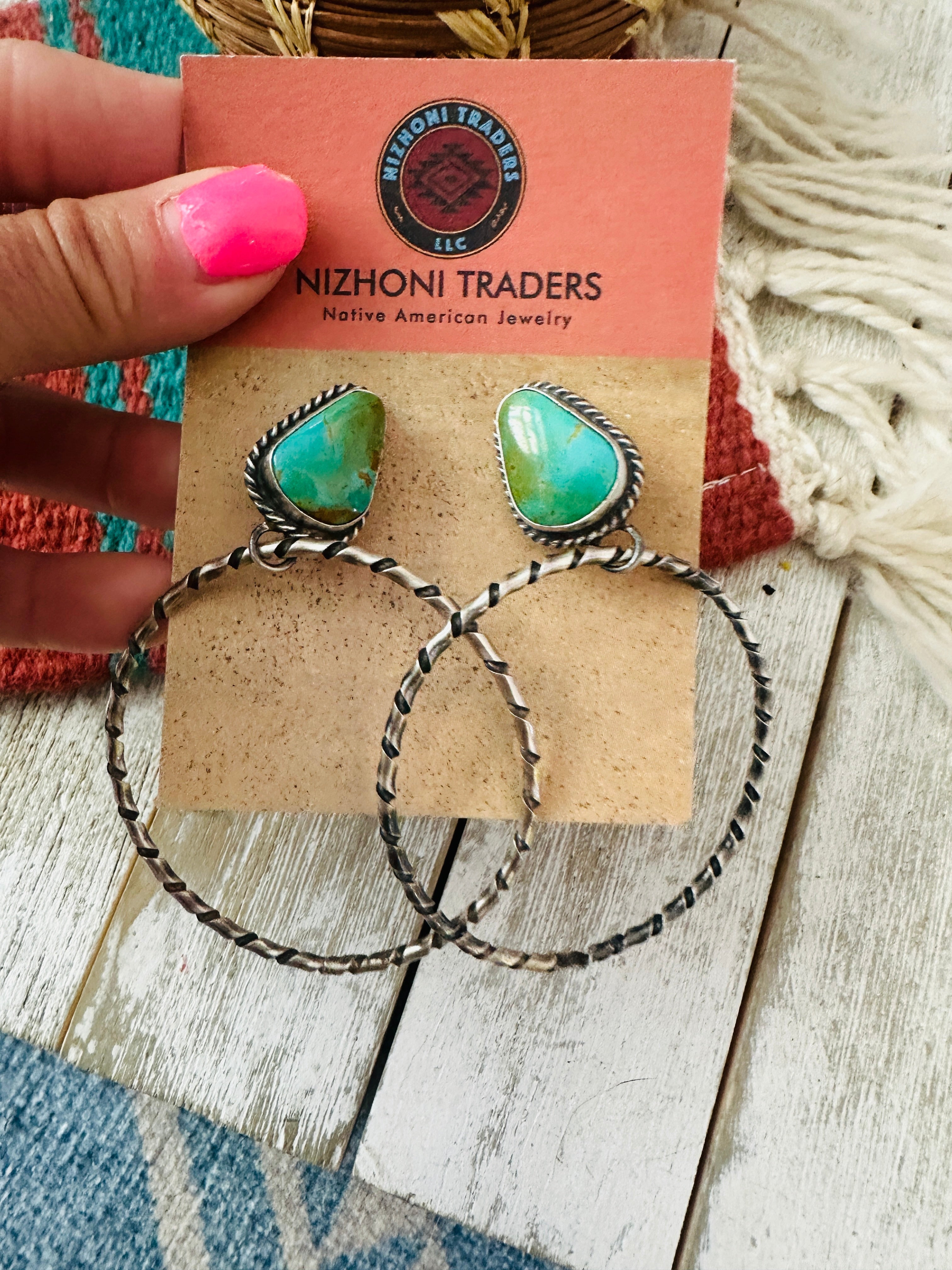 Navajo Turquoise and Sterling Silver Dangle Hoop Earrings