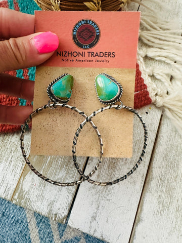 Navajo Turquoise and Sterling Silver Dangle Hoop Earrings