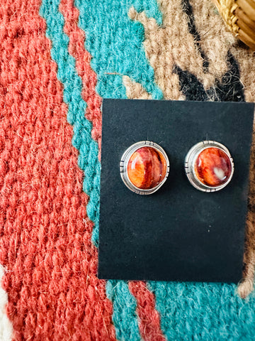 Navajo Sterling Silver & Orange Spiny Stud Earrings