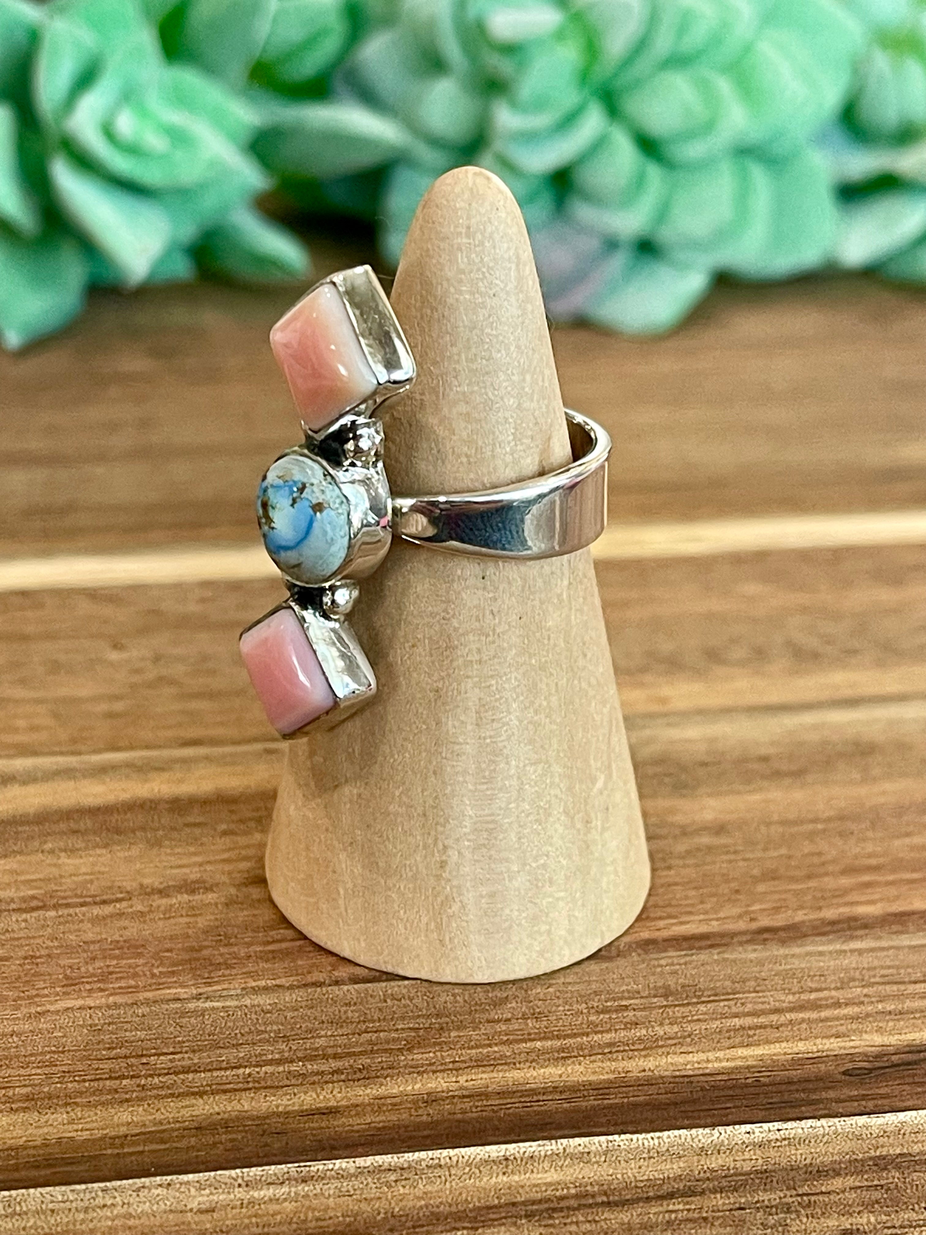 Beautiful Handmade Golden Hills Turquoise, Pink Conch And Sterling Silver Adjustable Ring