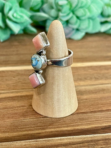 Beautiful Handmade Golden Hills Turquoise, Pink Conch And Sterling Silver Adjustable Ring