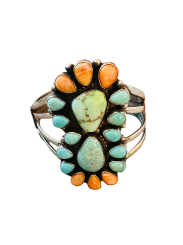 Navajo Spiny Oyster, Turquoise & Sterling Silver Cluster Cuff Bracelet