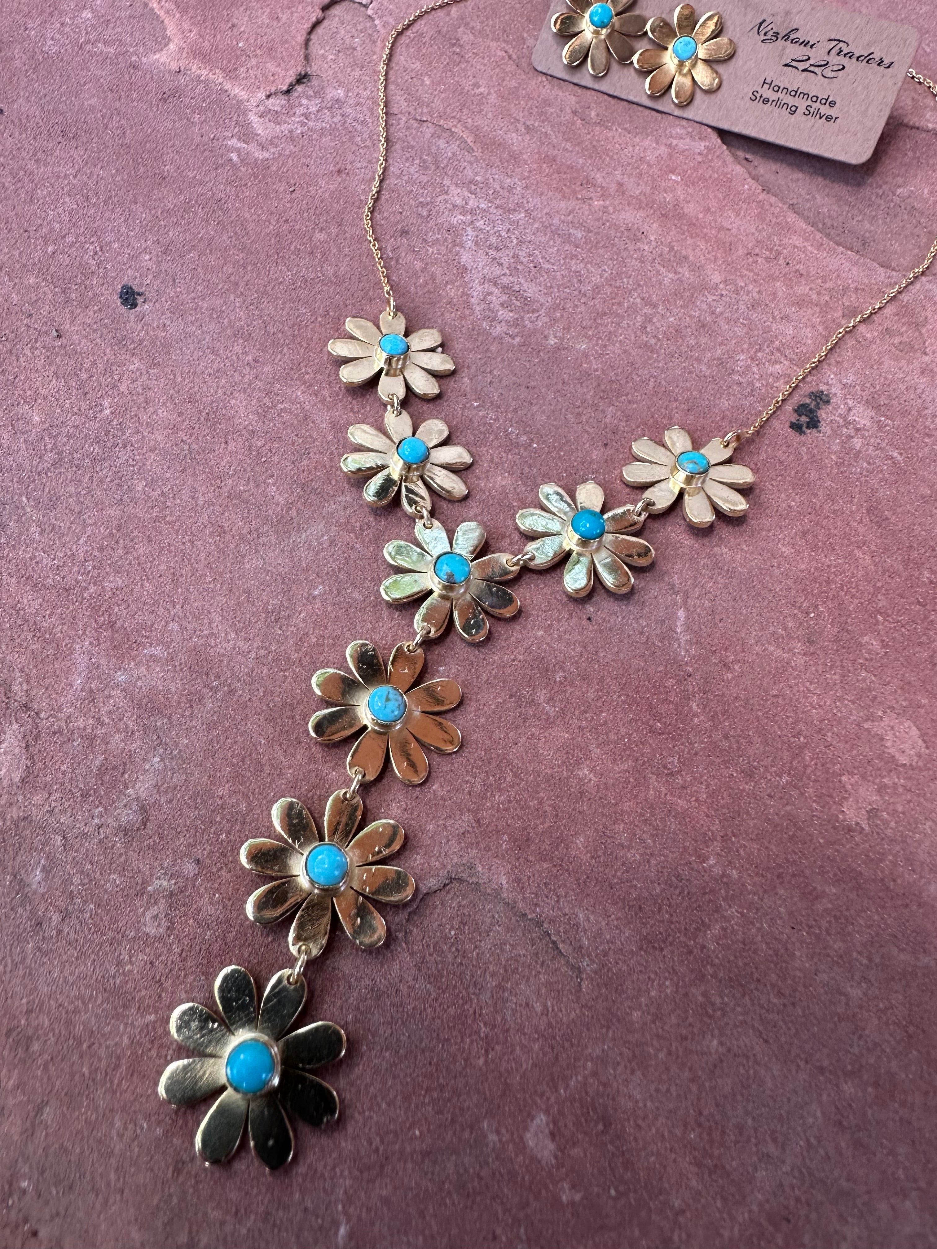 "Summer Flower Turquoise & Gold Lariat Necklace & Earring Set"