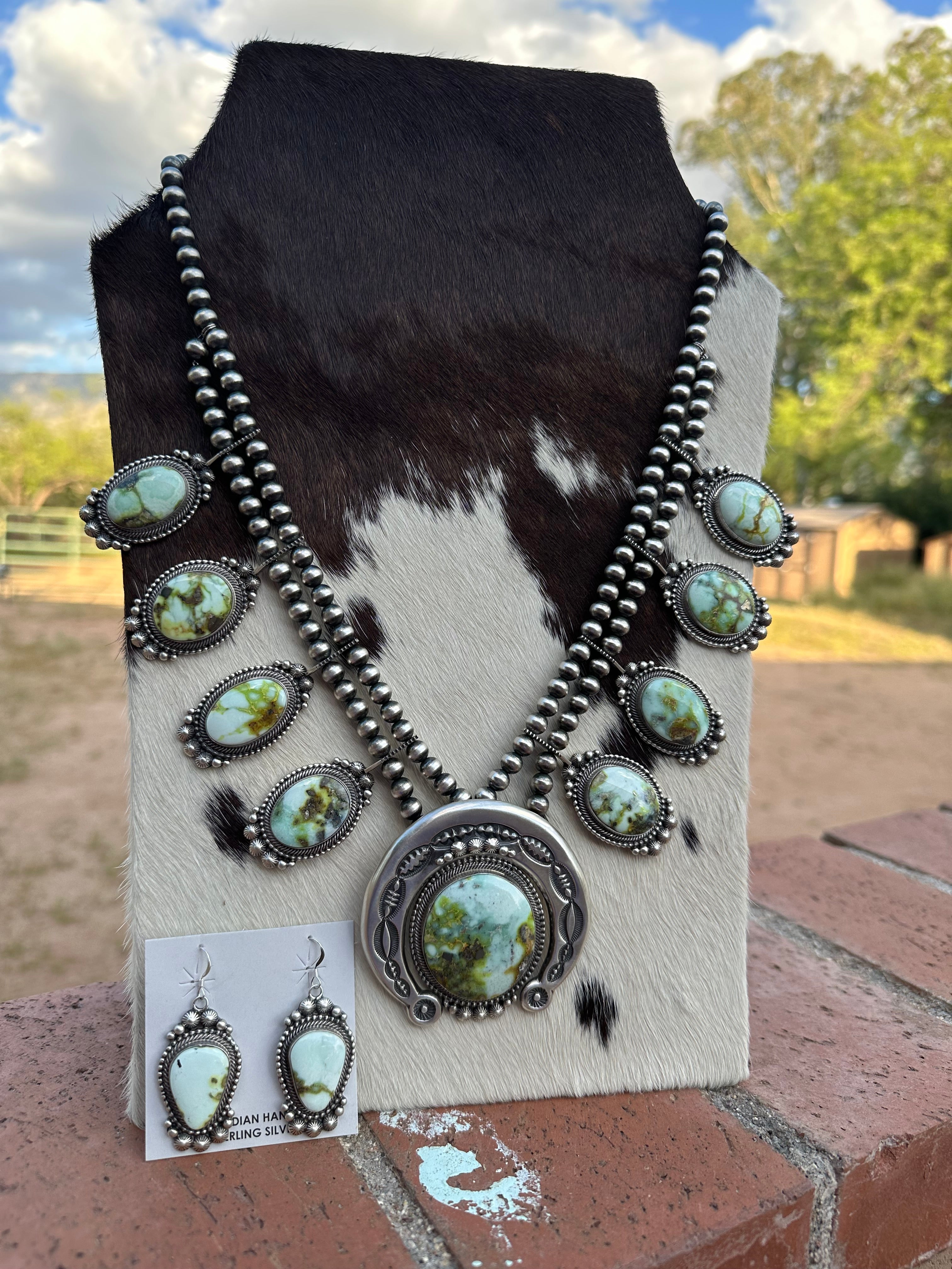 Navajo Sterling Silver & Palomino Turquoise Squash Blossom Necklace and Earring Set