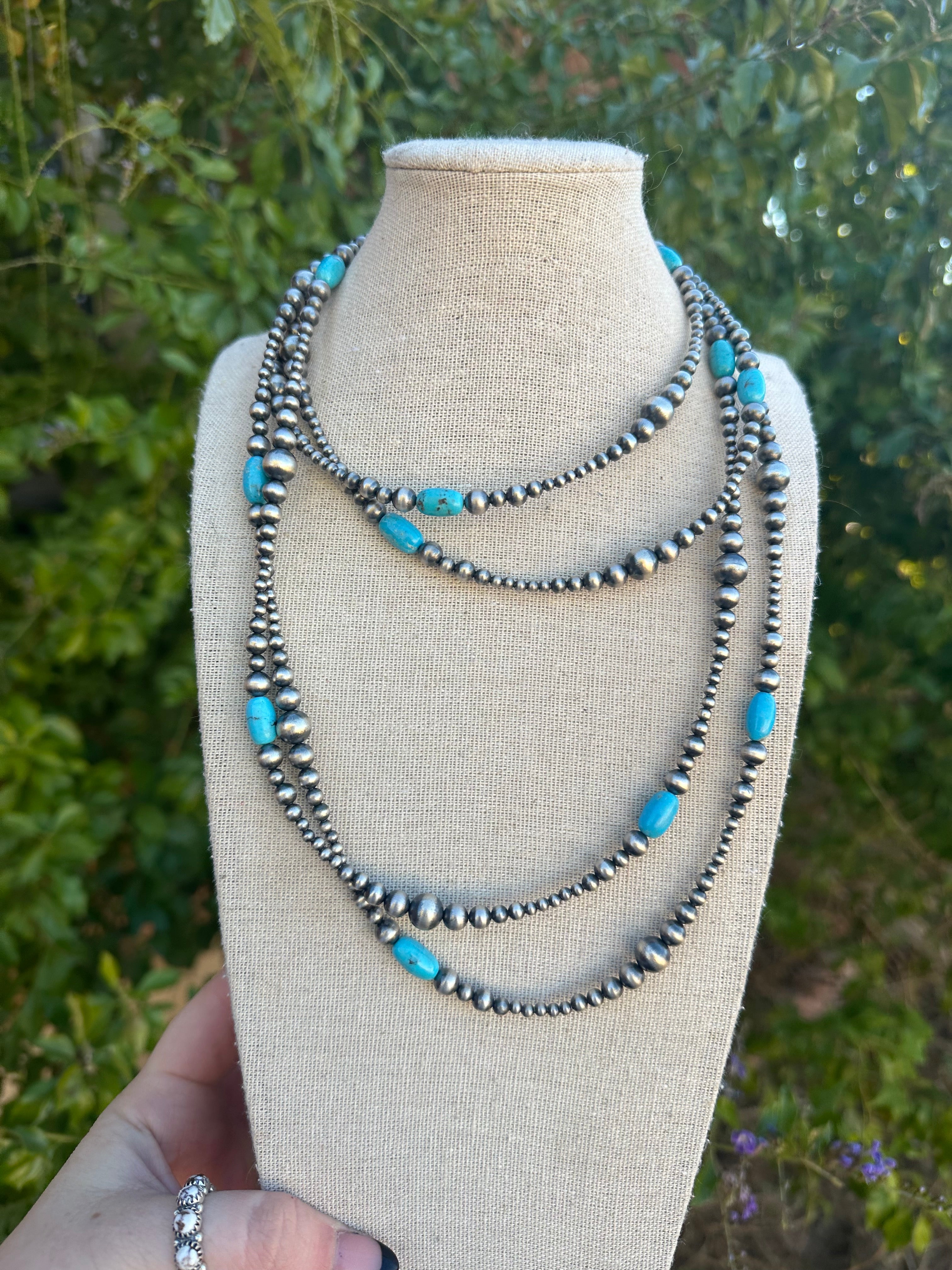 Elegant 72-Inch Sterling Silver Turquoise & Pearl Necklace - Cassidy