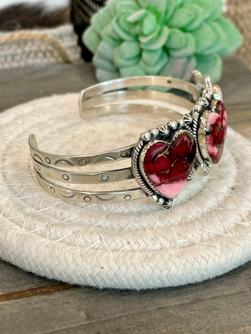 Handmade Sterling Silver & Dahlia Rose Heart Cuff Bracelet