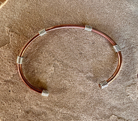 SIMPLE COPPER CUFF BRACELET W/ STERLING SILVER COILS